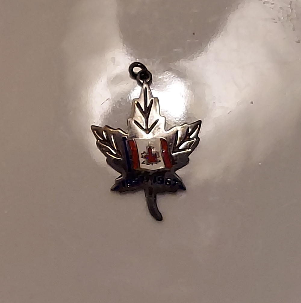 CANADIAN MAPLE LEAF STERLING STAMPED CHARM PENDANT 1867-1967